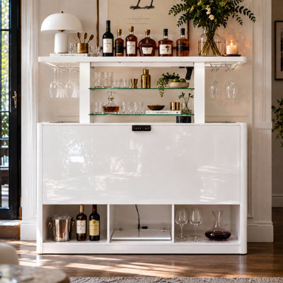 Bar électrique à plateau relevable de 160 cm de large avec étagères en verre et rangement pour verres à pied, blanc