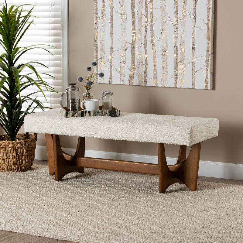 Cream Boucle Fabric and Walnut Wood Bench with Button-Tufted Seat