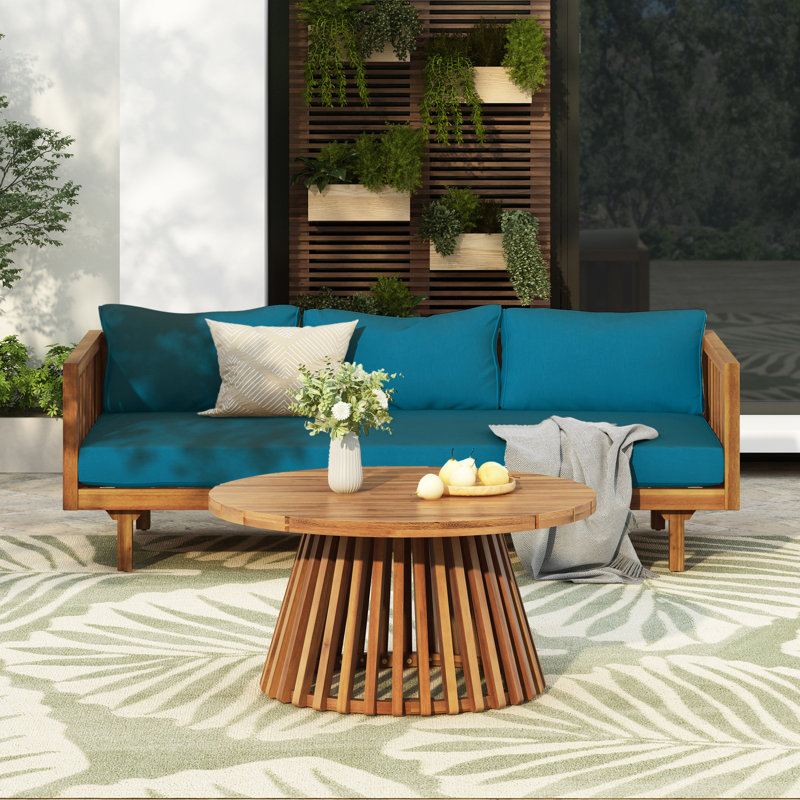  Acacia Wood Patio Set, 3-Seater Daybed with Water-Resistant Cushions & Round Coffee Table, Dark Teal, Walnut, Dark Teal