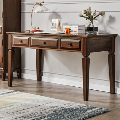 47.24"Brown Retro Rectangle boxwood Writing Desk,3-drawer