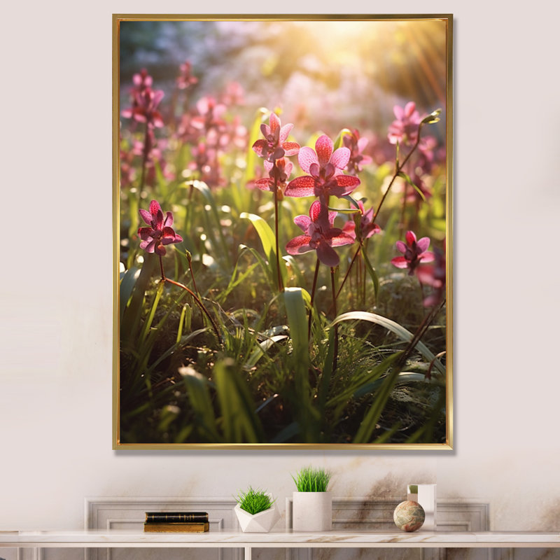 Orchidées exotiques roses et vertes sur toile, H 44 po x l 34 po x P 1,5 po, Cadre flottant doré