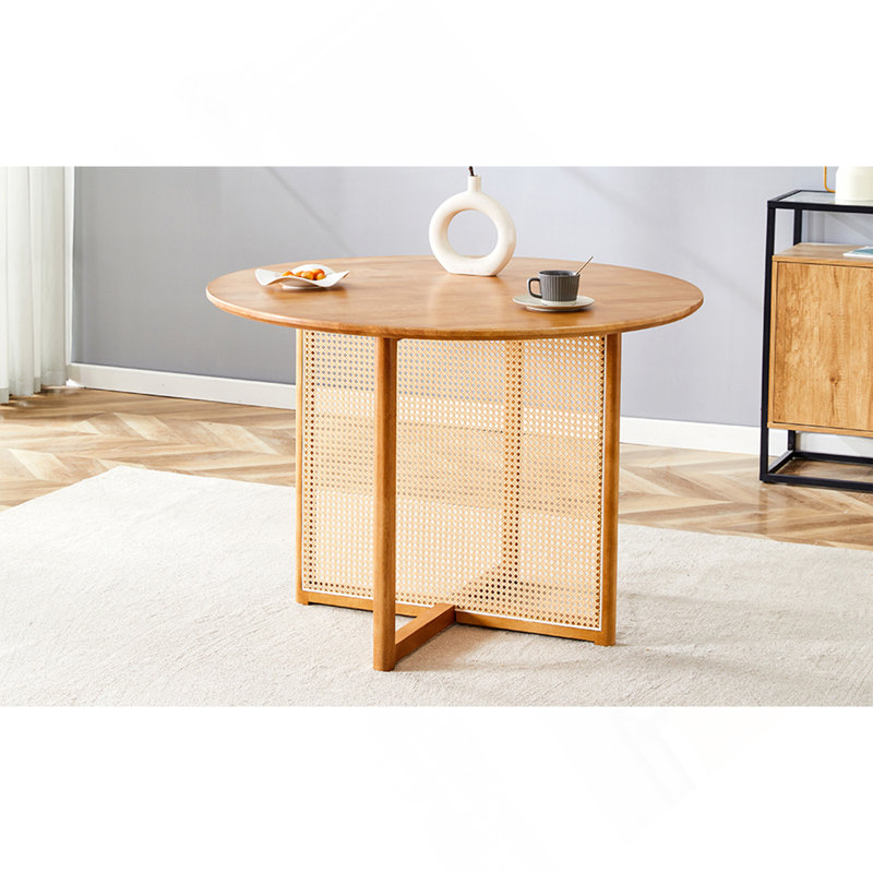 Table ronde en bois massif de style chinois rétro, table en rotin imitation moderne simple, table en bois, bureau. Convient pour la salle à manger, le salon, le bureau