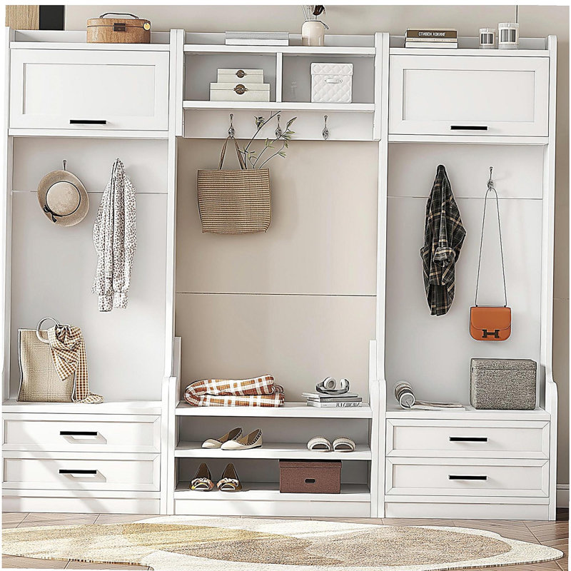 4-in-1 Detachable Hall Tree with Storage and 7 Hooks, Multiple Functions Hallway Coat Rack with Storage Drawers and Cabinet, White  Shoe Bench for Entryway Hallway