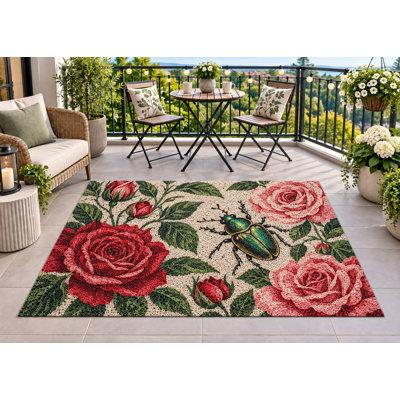 Tapis d'extérieur 152 x 213 cm (5' x 7') Vert Scarabée Roses, épais, solide, imperméable, en PVC bouclé, tapis de patio résistant, séchage rapide, idéal pour porche, terrasse, balcon, entrée, VR