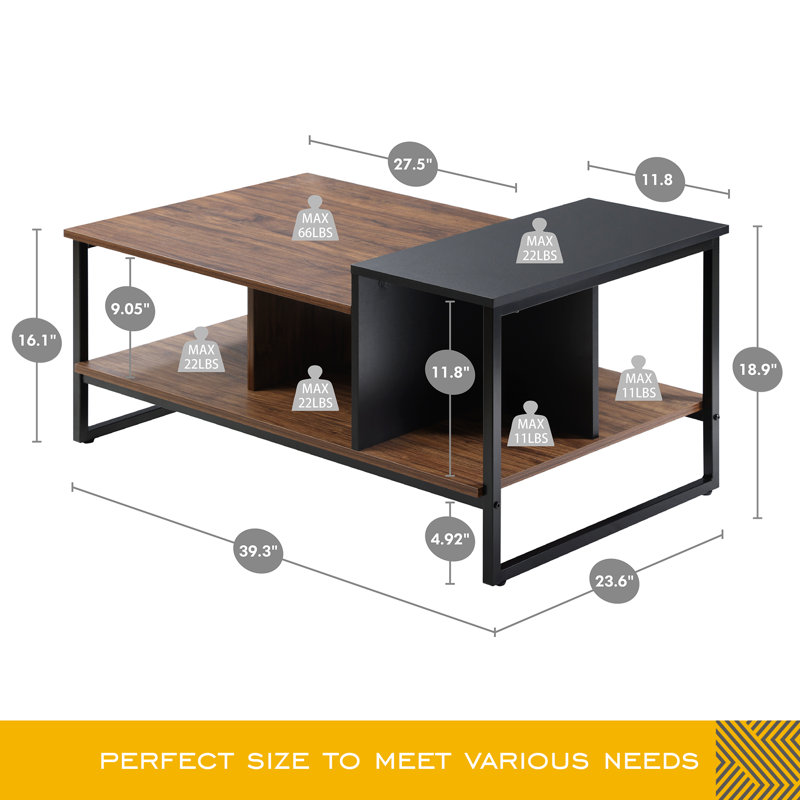Table basse avec rangement Keiana, Noyer / Noir, H 18,9 po x L 39,3 po x l 23,6 po