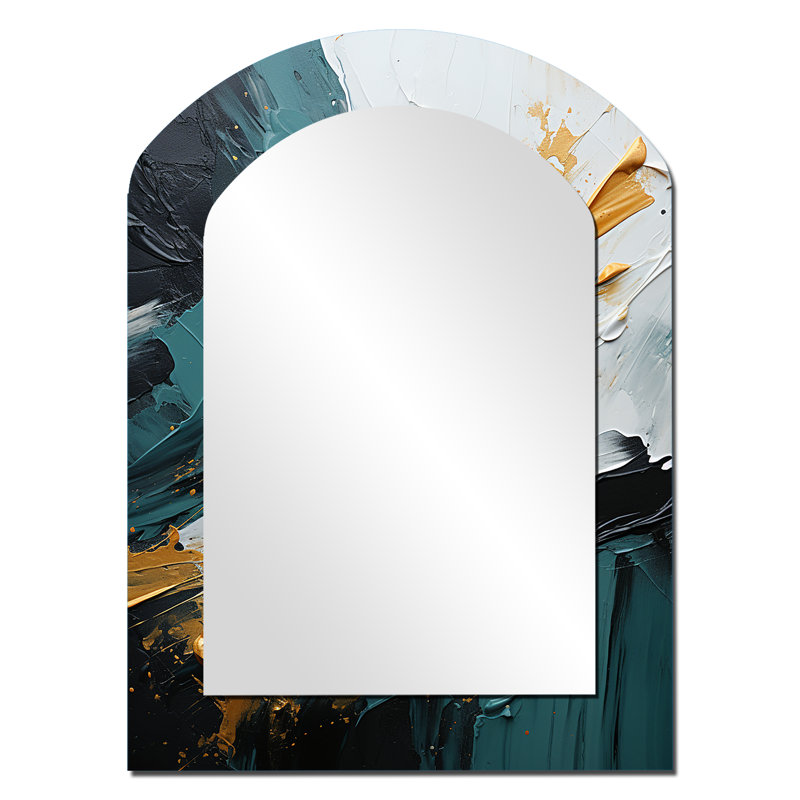 Gold and green white marble waterfall VI - Abstract Painting Arch Decorative Mirror, Gold Asymmetrical Wall Mirror, Printed Metal Art