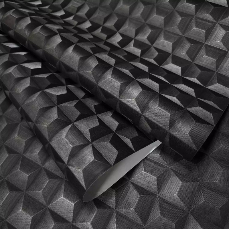 Charcoal Dark Gray Metallic 3d Illusion Dimensional Square Textured Wallpaper
