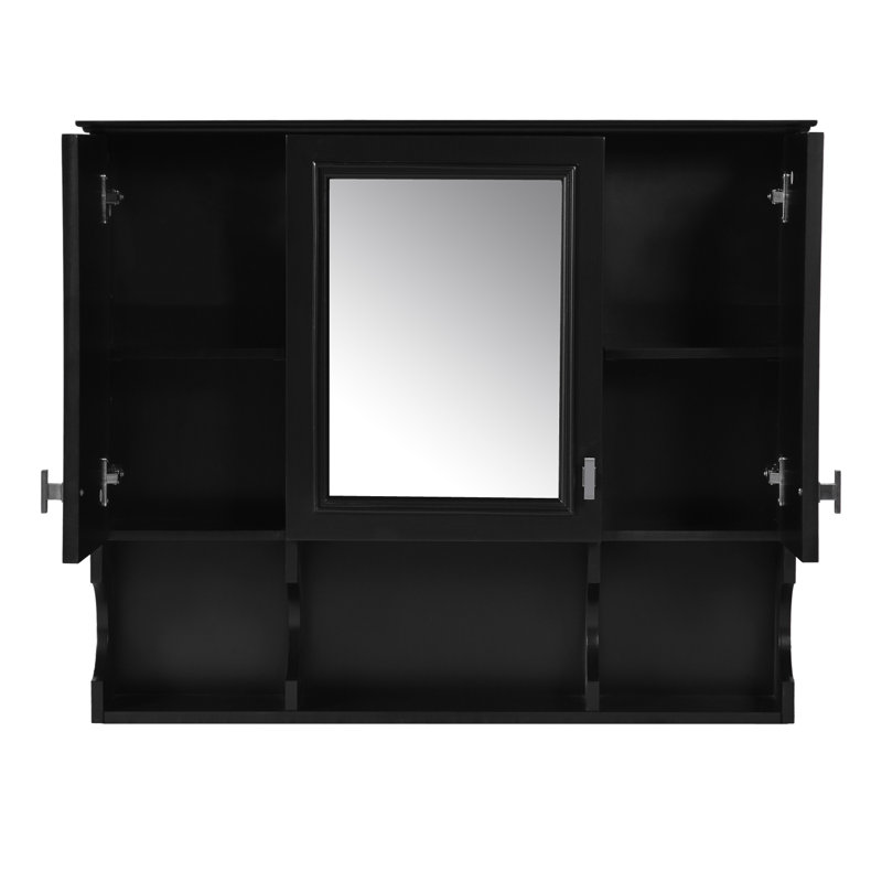 Armoire à pharmacie murale 35 po x 28 po avec miroir et tablettes ouvertes, Noir