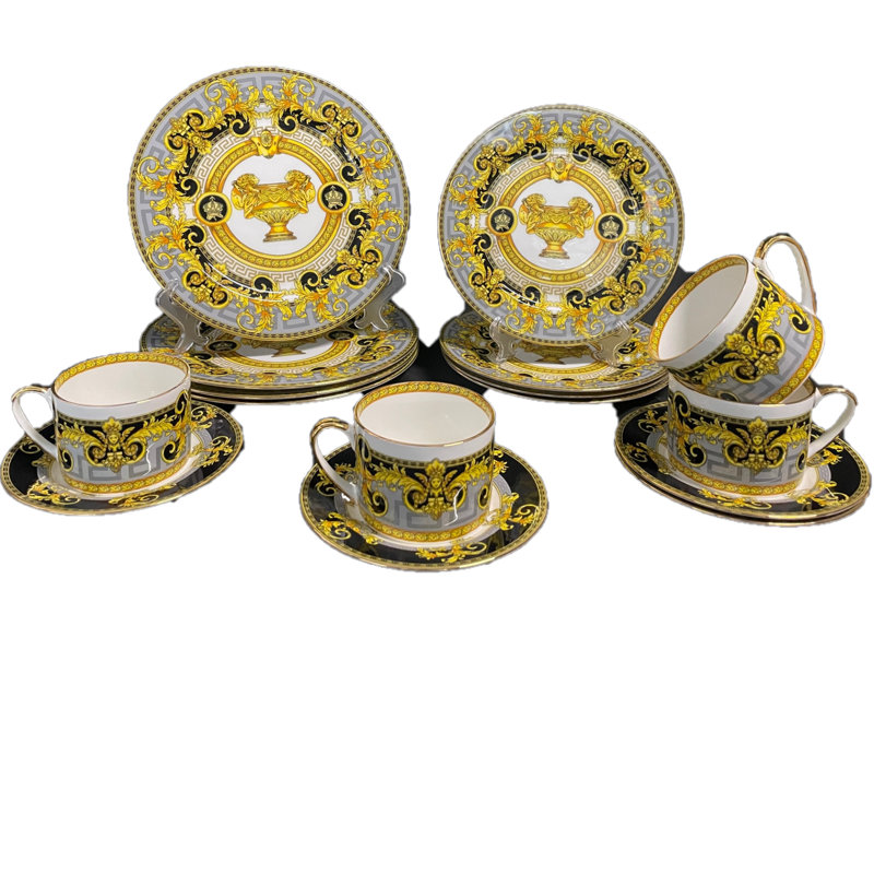 Service de table en porcelaine tendre 16 pièces en noir et gris, service pour 4 personnes, Gris