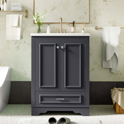 Meuble-lavabo moderne de 24 po avec lavabo en céramique, armoire de rangement autoportante avec portes à fermeture douce et poignées argentées