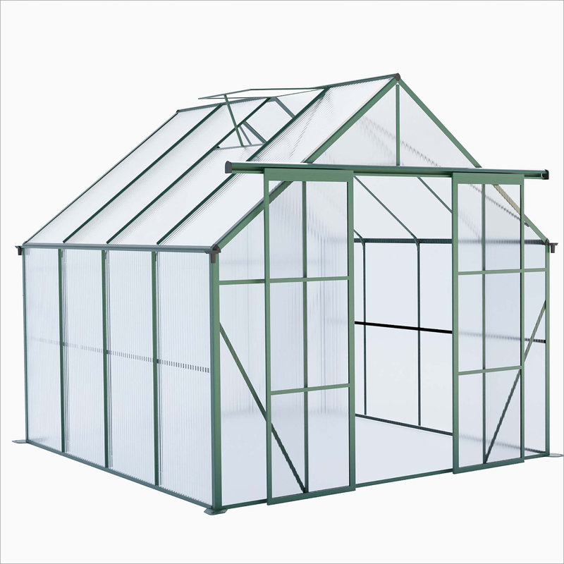 Double Door Polycarbonate Greenhouse Raised Base And Anchor Aluminum Heavy Duty Walk-In Greenhouses, Green