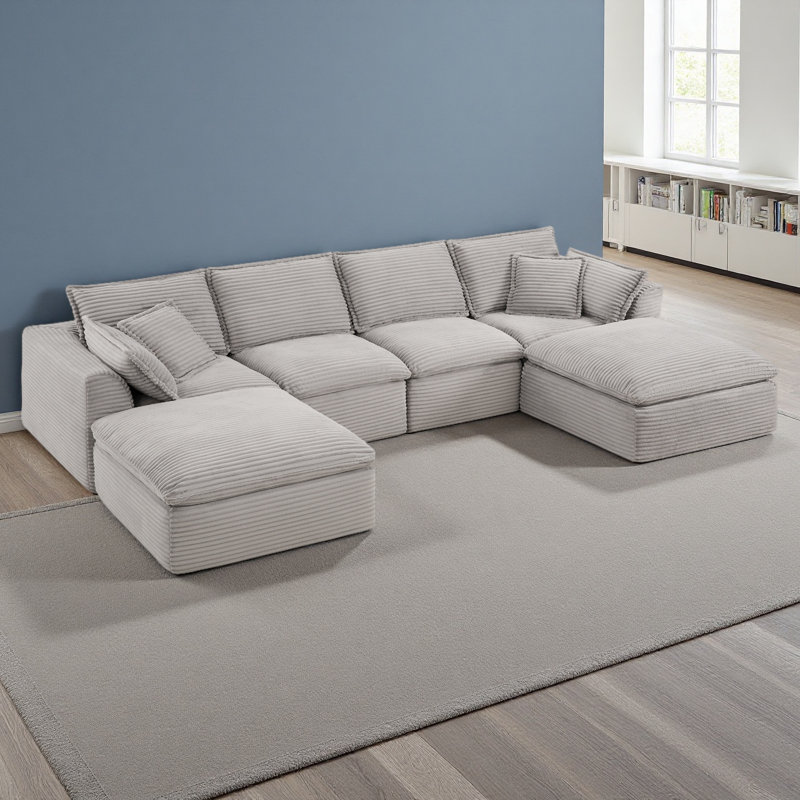 Canapé modulaire entièrement compressé de 142 po x 82 po, en forme de U avec repose-pieds, velours côtelé de luxe avec coussin moelleux en largeur et profondeur