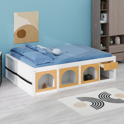 Wood Platform Bed Featuring Bookshelf, LED Lighting and Storage Drawer