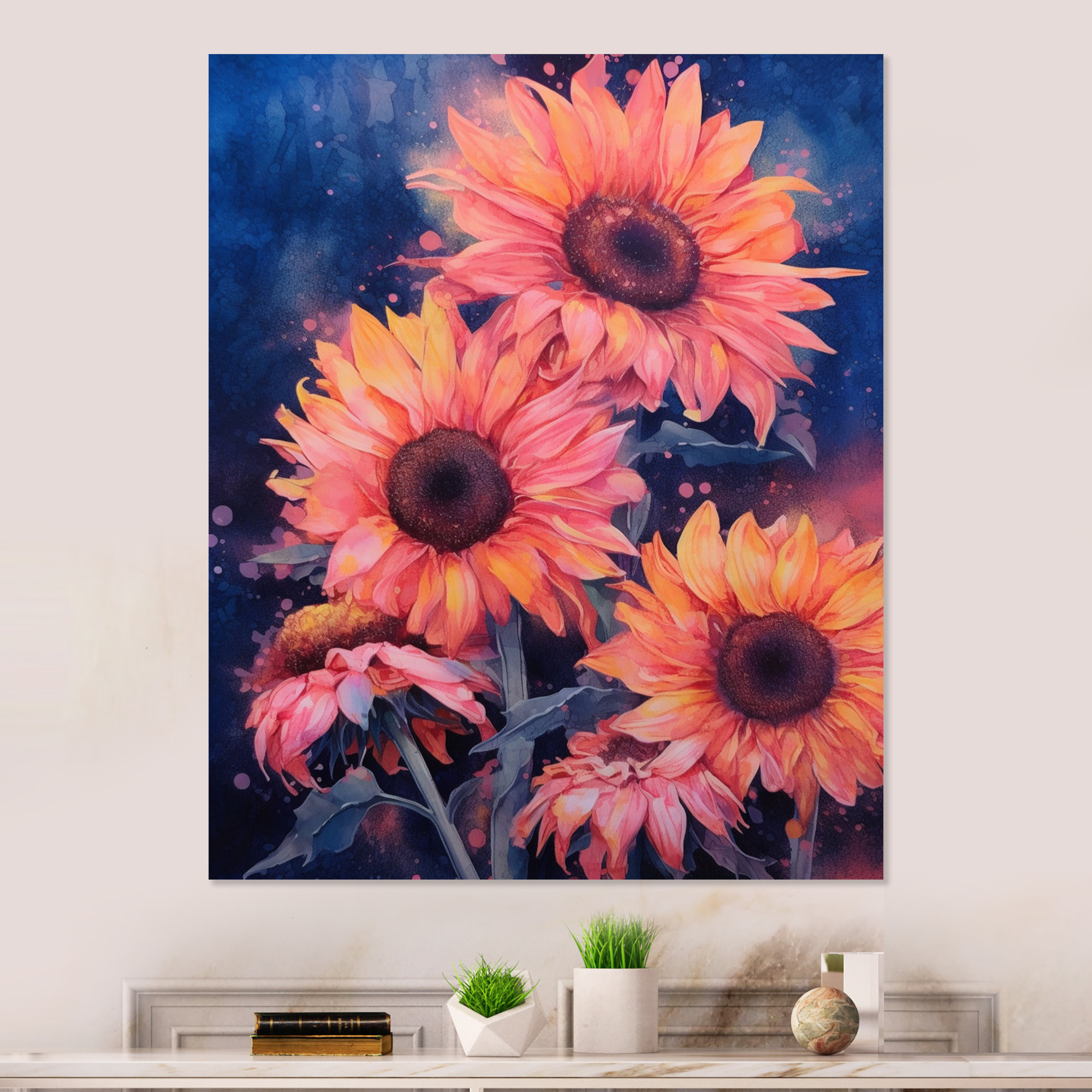 Rosalind Wheeler Coral Blue Sunflower Golden - Sunflowers Metal Wall