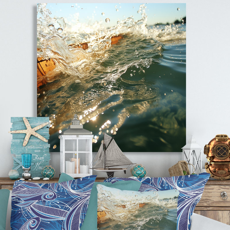 Green Sunset Waves - art mural côtier, Toile tendue, H 16 po x l 16 po x P 1 po