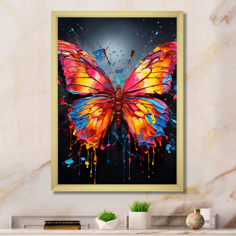 Alisya corail jaune néon papillon électrique - imprimé, H 44 po x l 34 po x P 1,5 po, Encadrement doré