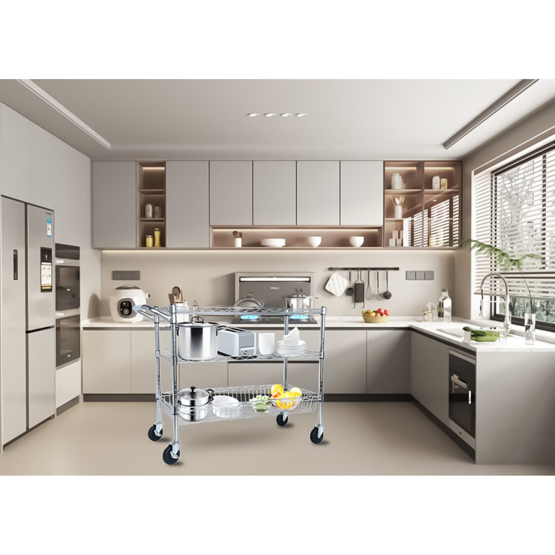 Chariot utilitaire roulant robuste, chariots roulants à 3 niveaux avec roues, avec guidon et tablettes, chariot de rangement 36 po x 18 po x 32 po pour la cuisine, le restaurant, la présentation des plantes, chrome