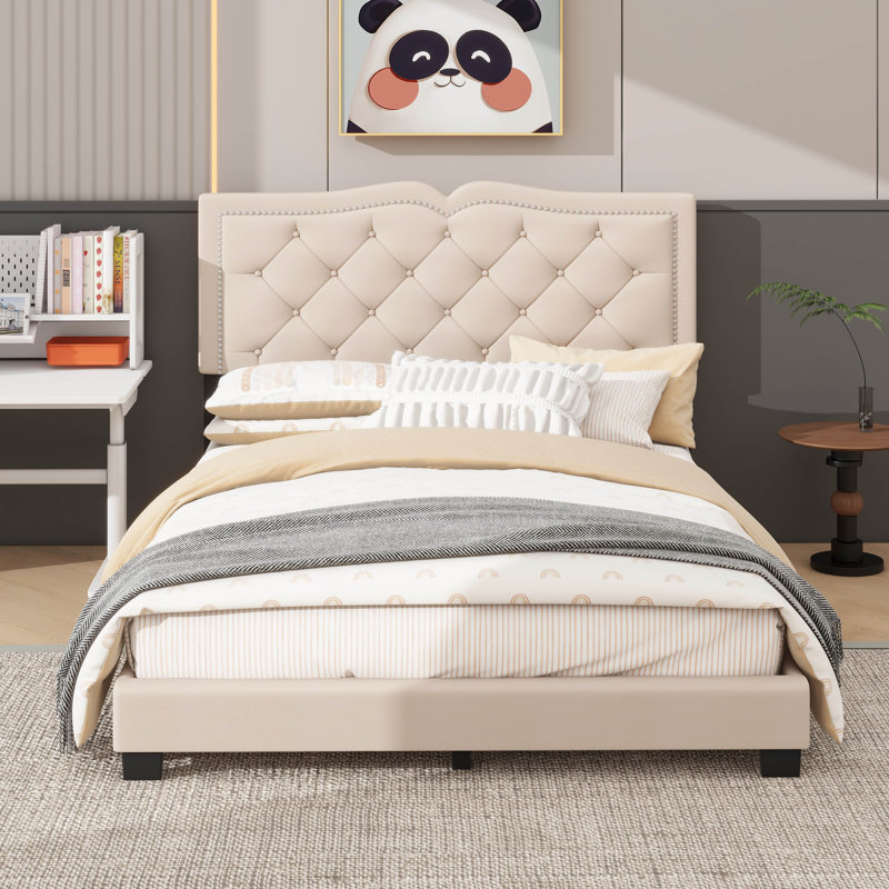 Lit à panneau tapissier Kesean, Grand, Beige
