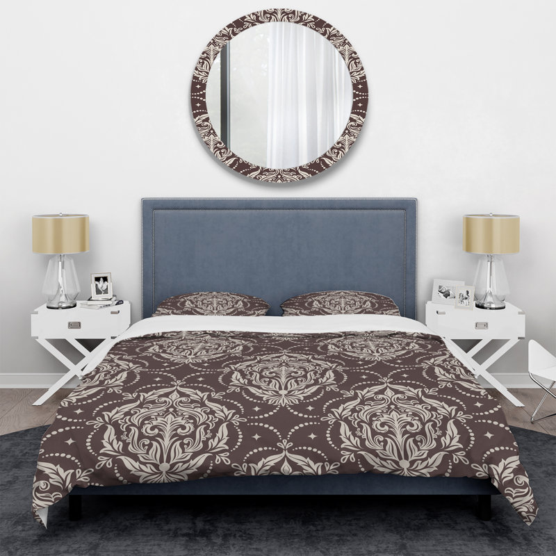Brown Damask Polyester Damask Duvet Cover, Queen Duvet Cover + 2 Standard Shams