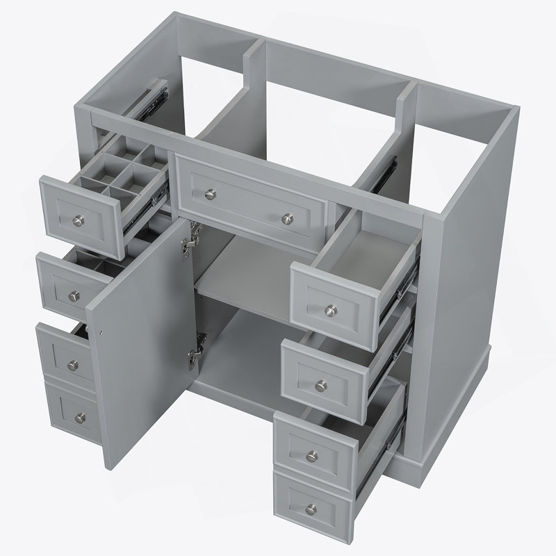Meuble-lavabo de 36 pouces avec une armoire et six tiroirs, conception autoportante moderne pour un rangement efficace, Gris