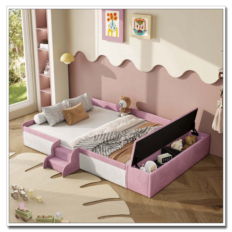 Velvet Upholstered Daybed with Stairs, Gas Lift Storage Ottoman, Full, Pink+White