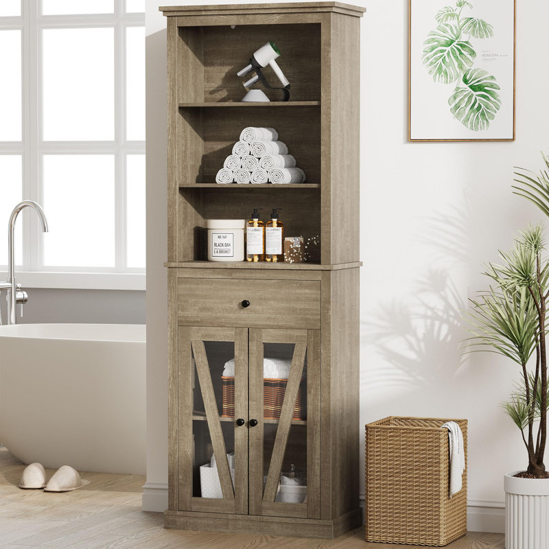 66.5" Tall Linen Tower Cabinet, Freestanding Bathroom Storage Cabinet with 5 Shelves, Drawer and Adjustable Shelf