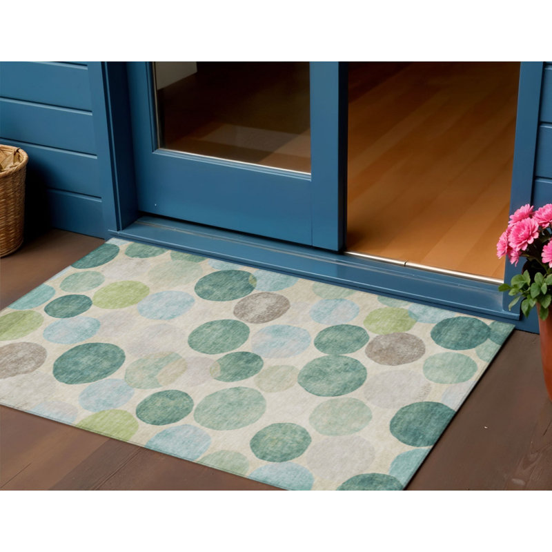 3' X 5' Teal Blue Green And Ivory Geometric Washable Indoor Outdoor Area Rug