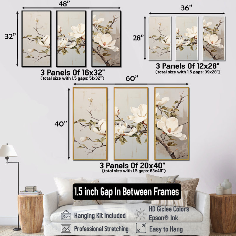 «Magnolias beige et vert», ensemble d'art mural Magnolias, Cadre naturel flottant, H 40 po x l 60 po x P 1 po