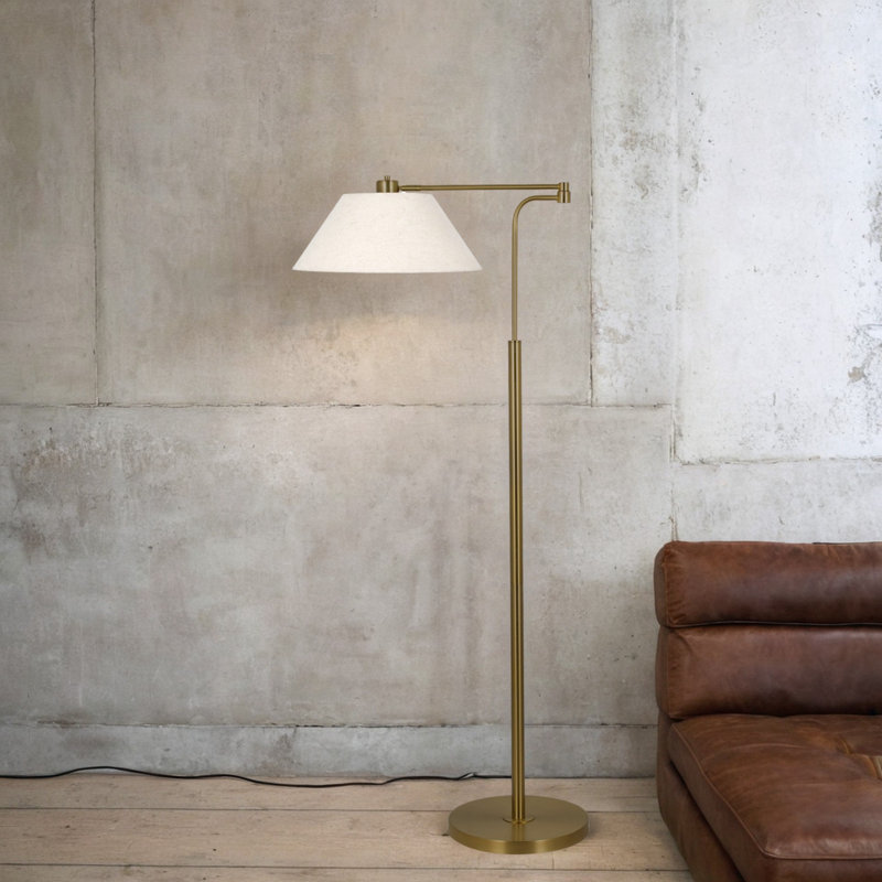 Lampe sur pied 60 po en métal avec abat-jour en lin, plissage laiton brossé