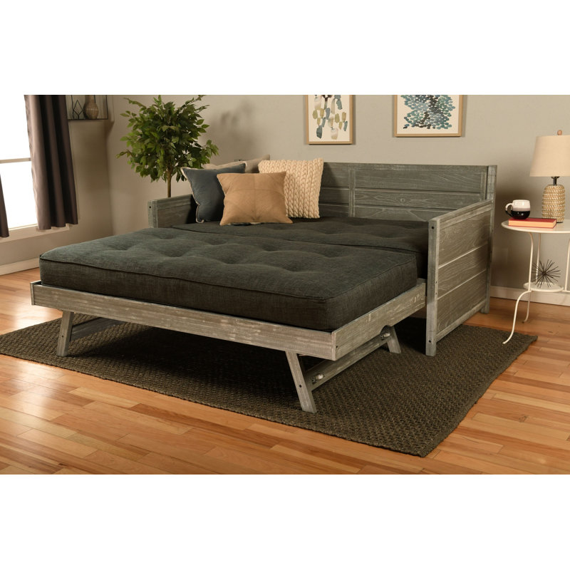 Braunste Twin MDF Wood Daybed with Trundle(Mattresses Included), Weathered Gray, Linen Charcoal