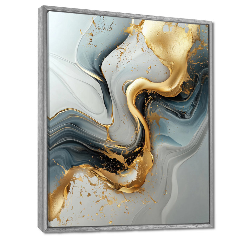 Marbre de Sowa et encre liquide Silent River II - formes, art mural encadré, Argent argent, H 32 po x l 24 po