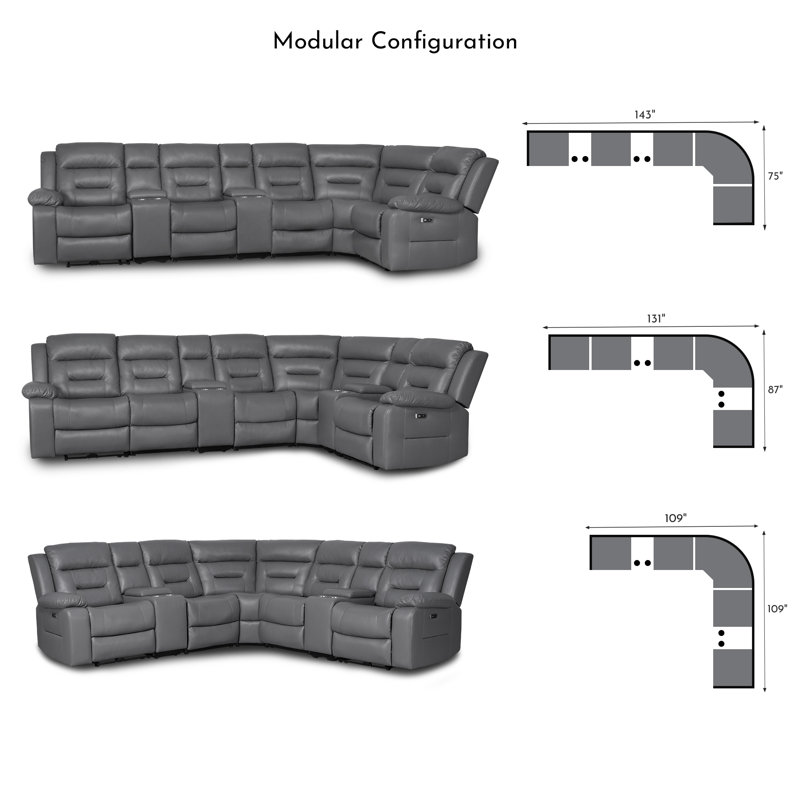 7-Piece Power Recliner Chair Reclining Sectional with 2 Power Recliners and Built-in USB Port Hidden Cupholder