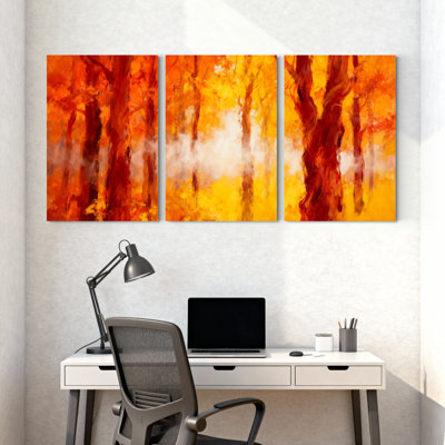 Scénario et paysages urbains, arbres d'automne, scène de forêt jaune orange vibrante, ensemble de 3 impressions sur toile