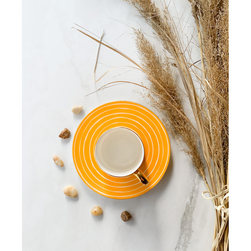Tasse avec soucoupe - 8 oz, Jaune; blanc; or