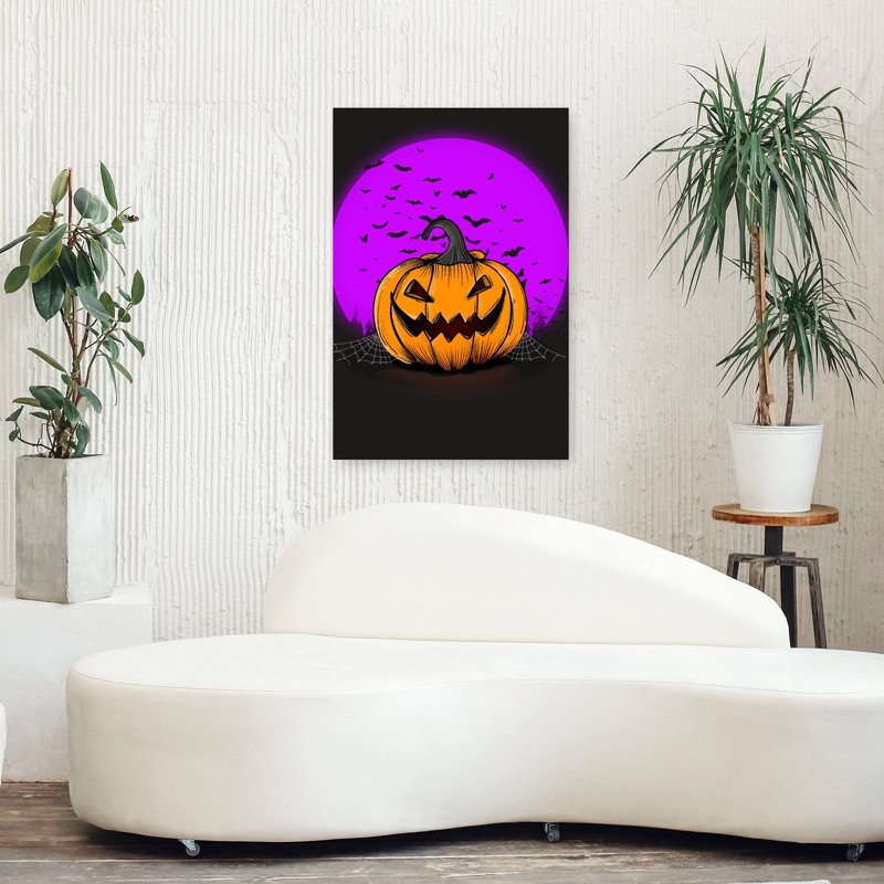 Impression d'art mural abstrait contemporain représentant un paysage de forêt de chauves-souris et d'araignées dans une nuit d'Halloween effrayante