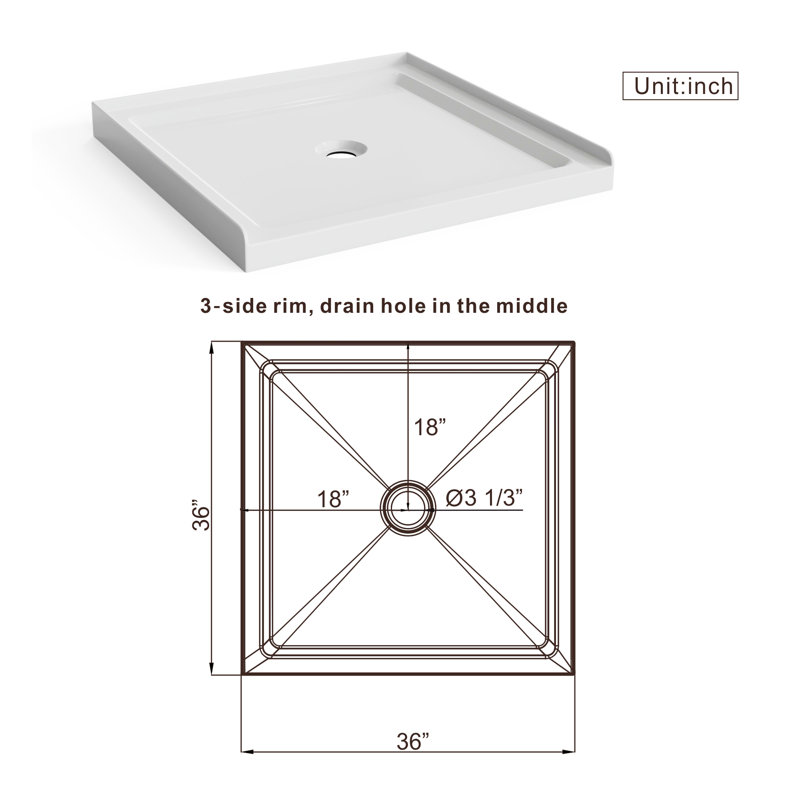 Base de douche 36 po x 36 po avec trois seuils et drain central