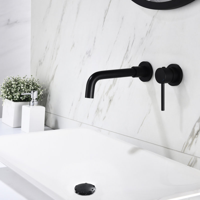 Robinet de lavabo mural à poignée simple pour salle de bain avec bonde escamotable sans trop-plein, brasier noir mat, bec verseur à 360 degrés, conduit d'écoulement d'eau aéré, arrangement de finition rouille, rapide