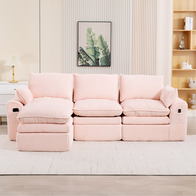 Canapé modulaire en L avec repose-pieds mobile, Velours côtelé rose