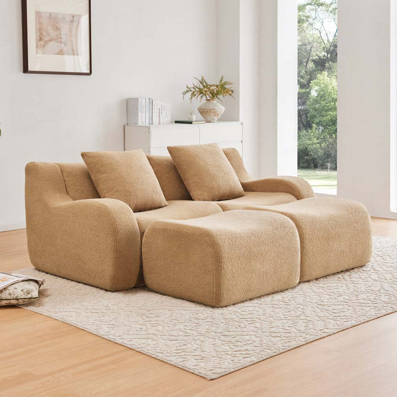 Canapé modulaire en tissu avec 2 repose-pieds Teddy, sans assemblage, Chameau