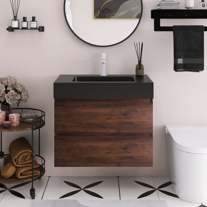 Meuble-lavabo flottant mural 30 po avec lavabo, Noir, Noyer