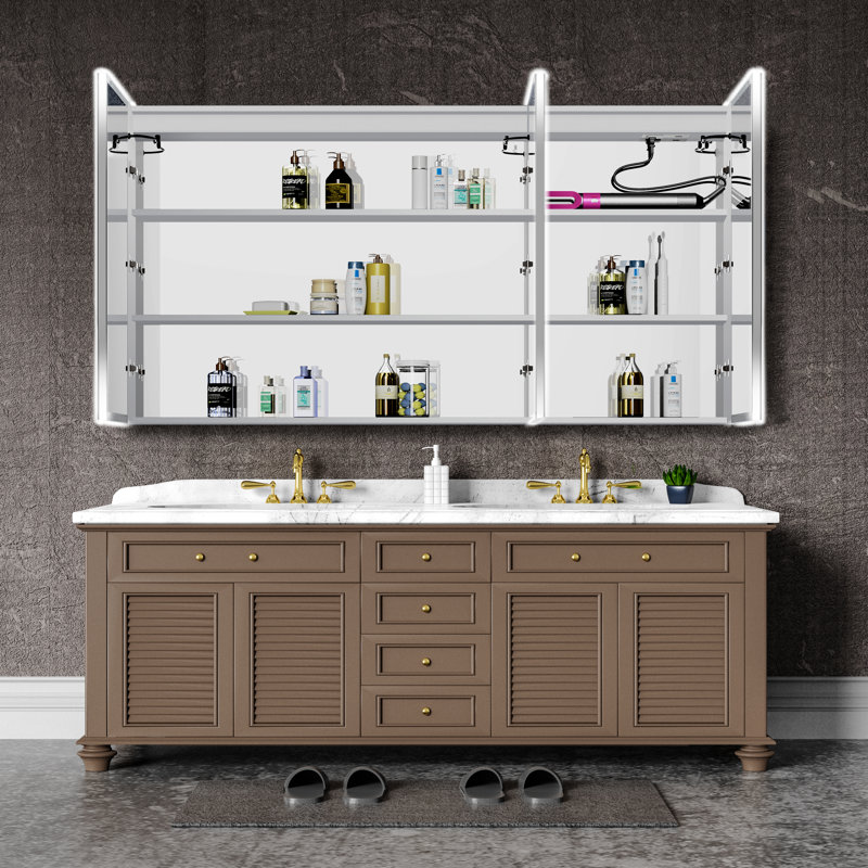 Armoire à pharmacie 3 portes avec éclairage à DEL et prise de courant à montage en surface 60 po x l 36 po H, argent