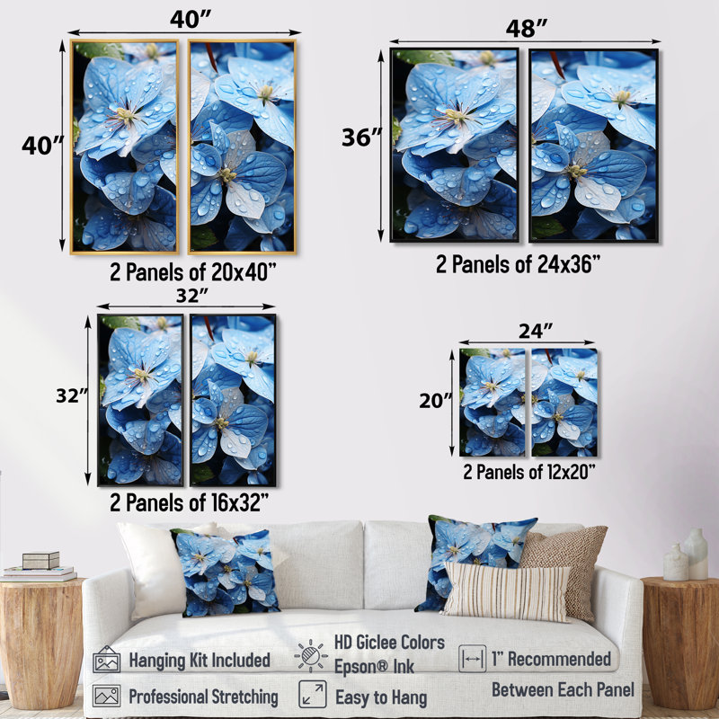 «Blue Hydrangea Celestial Petals», reproduction d'art sur toile, Brun, H 36 po x l 48 po, Impression encadrée flottante