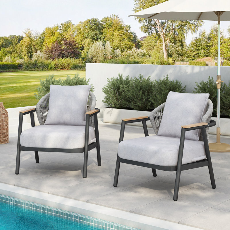 Ensemble de 2 chaises d'extérieur en corde avec coussin, Coussin gris/cadre noir