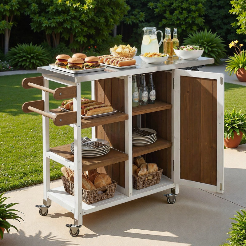 Îlot de cuisine extérieur pliable avec roulettes verrouillables, armoire de rangement et porte-serviettes, Blanc / Brun