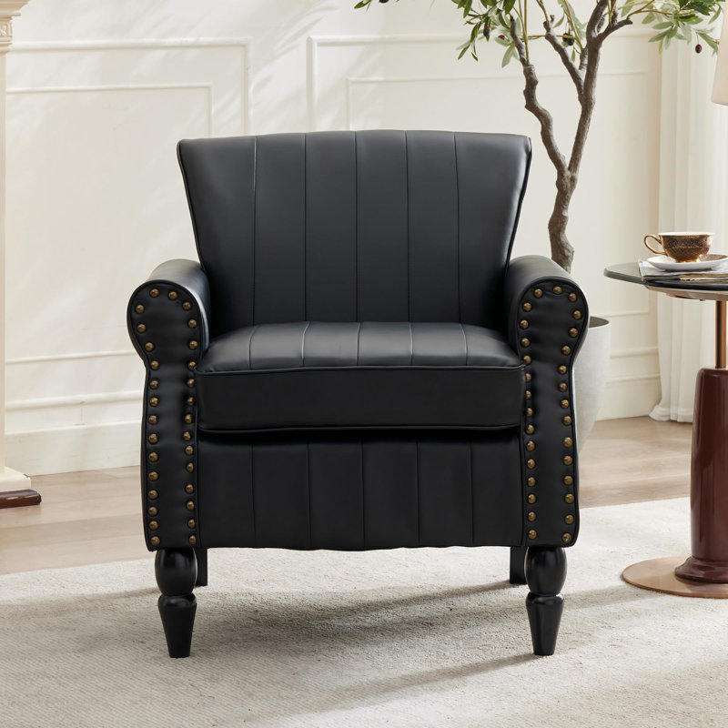 Upholstered Armchair Nailhead Trim Accent Chair with Rolled Arm, Black