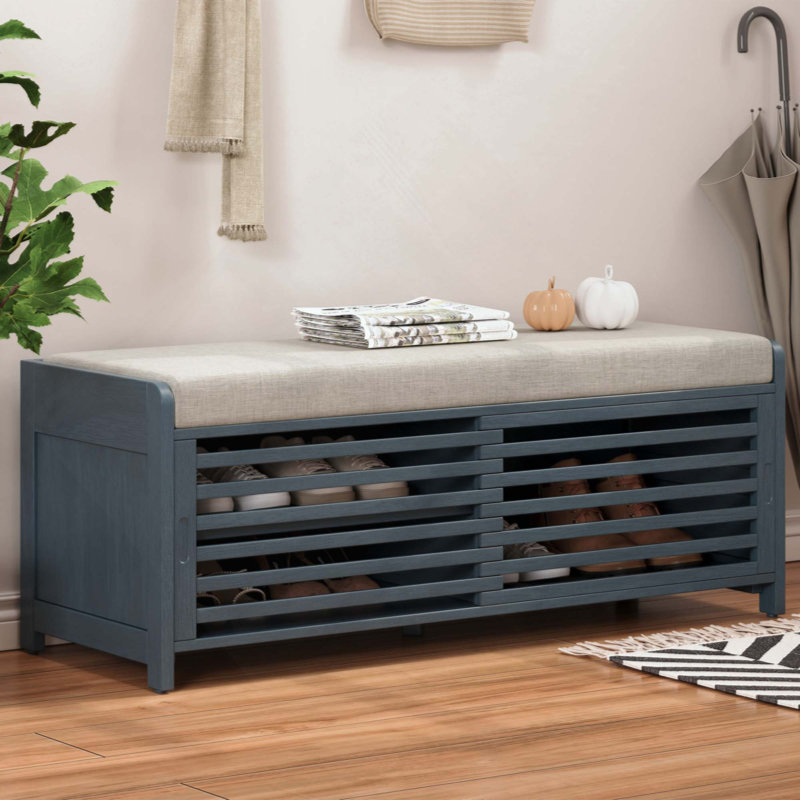Shoe Bench With Storage And Cushion, Distressed Shutter Storage Bench With Retro Charm For Living Room, Entryway, Navy Blue