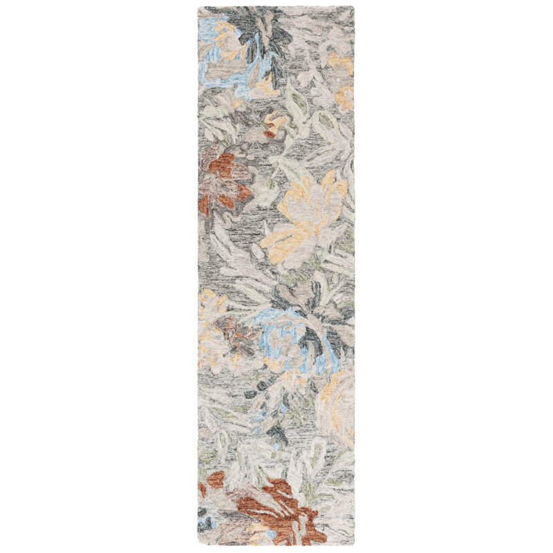 Caden Tufted Wool/Cotton Performance Floral Rug in Charcoal/Green, Runner 2'3" x 8'