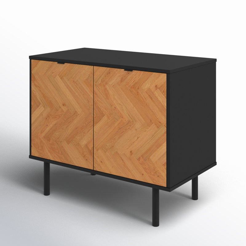 Armoire d'appoint Mid-Century moderne à 2 portes avec tablettes Liam, Noir / brun clair