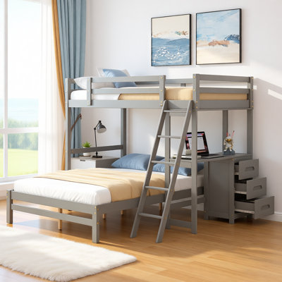 Twin over Full Bunk Bed with Built-in Desk and 3 Drawers, Convertible Design, Solid Wood Frame, Space-Saving Kids Loft Bed