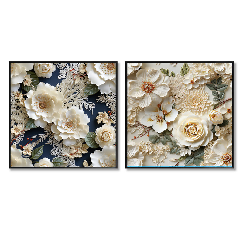 Gosnold - Floral Square Collage Set Of 2, Black Floater Framed, 16" H x 33" W